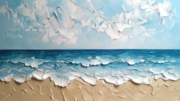 AI générative Closeup d'impasto abstrait paysage marin rugueux et plage couleurs bleu blanc et beige