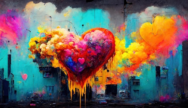 AI générative Coeur coloré comme symbole d'amour graffiti sur le mur art de la rue Peinture fondue