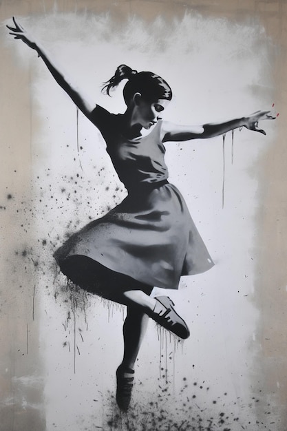 AI générative danse femme ou fille mouvement dynamique peinture à l'encre éclaboussures colorées art du graffiti de rue