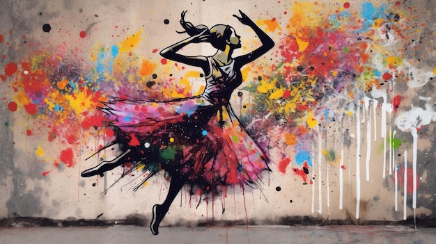 AI générative danse femme ou fille mouvement dynamique peinture à l'encre éclaboussures colorées art du graffiti de rue