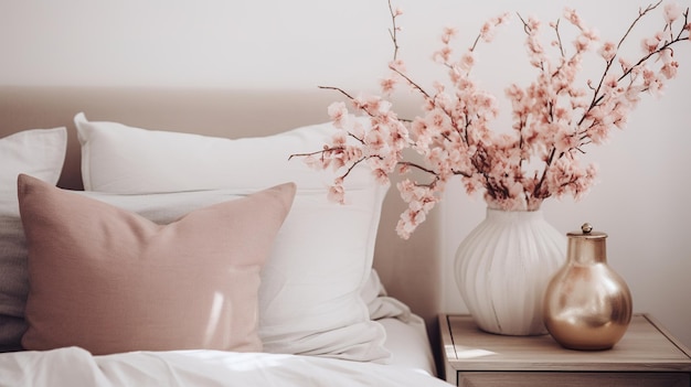 AI générative Détail de chambre à coucher relaxant du lit avec linge de lit texturé naturel couleurs esthétiques neutres discrètes