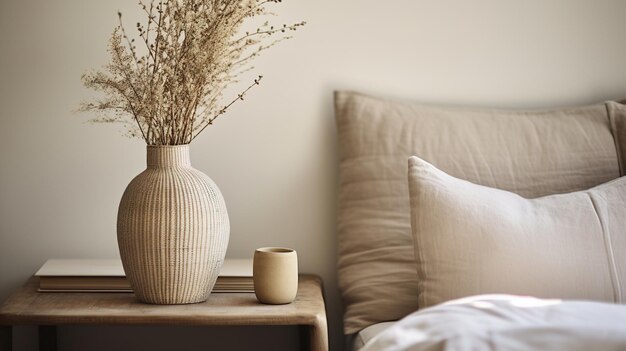 AI générative Détail de chambre à coucher relaxant du lit avec linge de lit texturé naturel couleurs esthétiques neutres discrètes