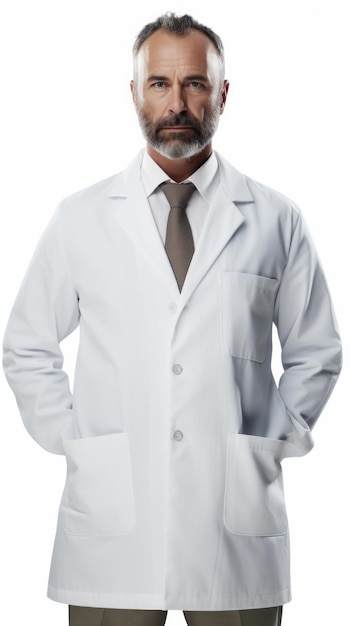 Photo ai générative docteur d'âge moyen en chemise de laboratoire léger sourire posture confiante vue complet du corps