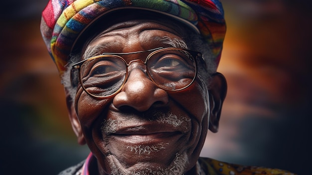 AI générative drôle afro-américain heureux vieux retraité homme gros plan portrait portant des lunettes