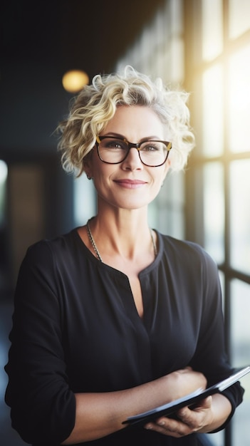 AI générative Femme d'âge moyen sûre d'elle avec un col à queue bleu et des lunettes élégantes avec document