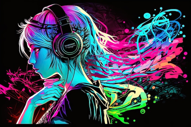 AI générative une fille ou une femme de mode anime gamer au néon portant des écouteurs perdus dans son arrière-plan abstrait de musique qui évoque le sentiment de différents genres de concept de musique de bannière de musique