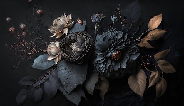 AI générative Gros plan de parterres fleuris de fleurs noires étonnantes sur fond noir