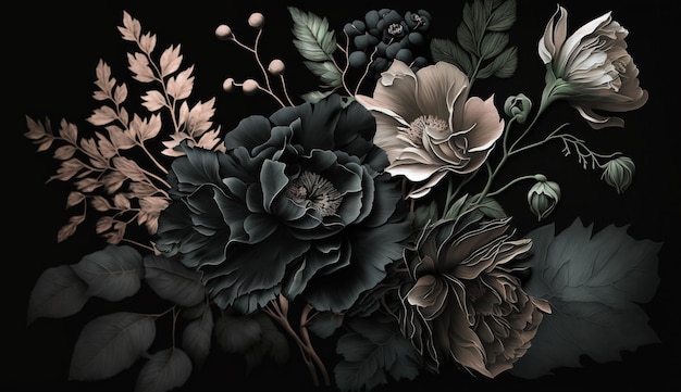 AI générative Gros plan de parterres de fleurs en fleurs de fleurs noires étonnantes sur dark gothique moody