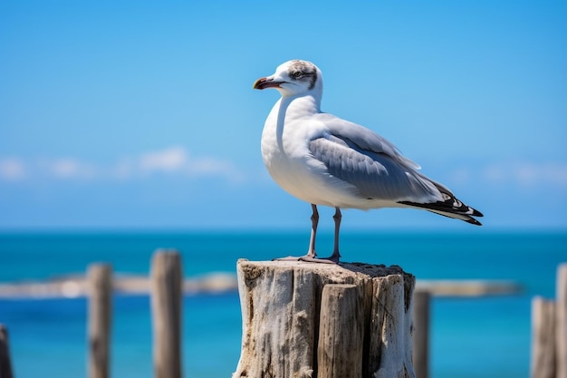 AI générative Gros plan portrait animal d'une mouette grise et blanche debout assise sur une jetée en planche post i