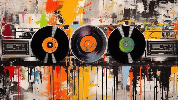 AI générative Grunge Vinyl Records graffiti pop art couleur vibrante peinture fondue à l'encre art de rue