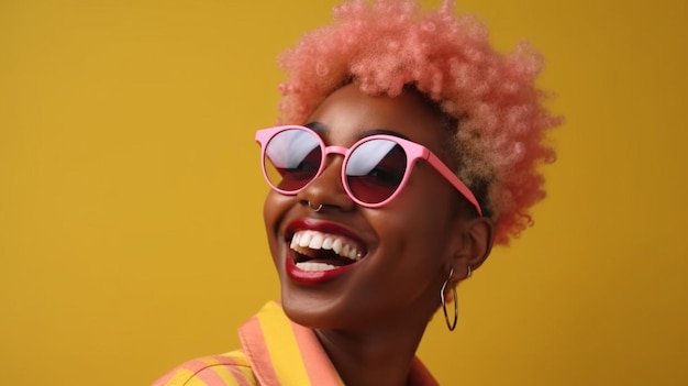 AI générative heureuse femme afro-américaine pleine d'espoir dans des vêtements roses colorés riant isolé sur fond jaune