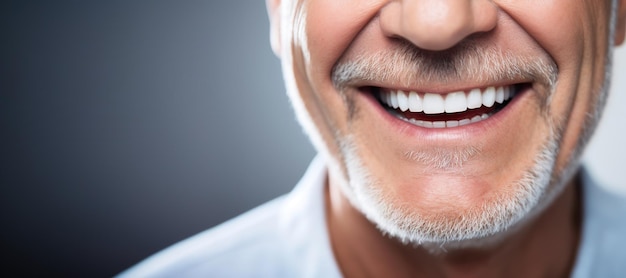 AI générative homme âgé bouche ou dents souriante hygiène ou nettoyage dentaire service cosmétique