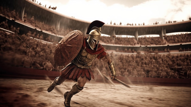AI générative Illustration réaliste d'un gladiateur féroce attaquant en cours d'exécution Gladiateur romain blindé
