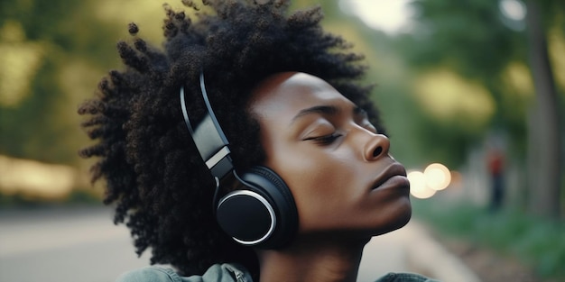 Ai générative jeune femme noire à l'extérieur écoutant de la musique