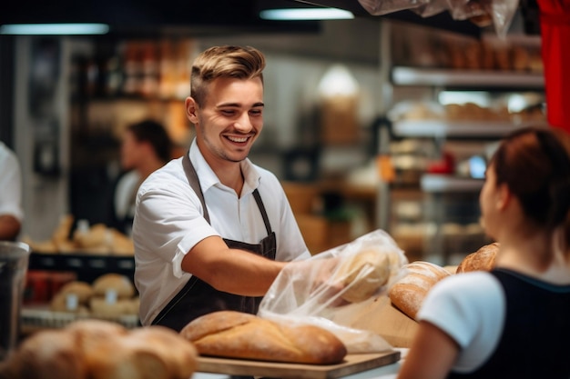 AI générative Jeune homme achetant du pain dans une boulangerie de supermarché L'accent est mis sur une boulangère