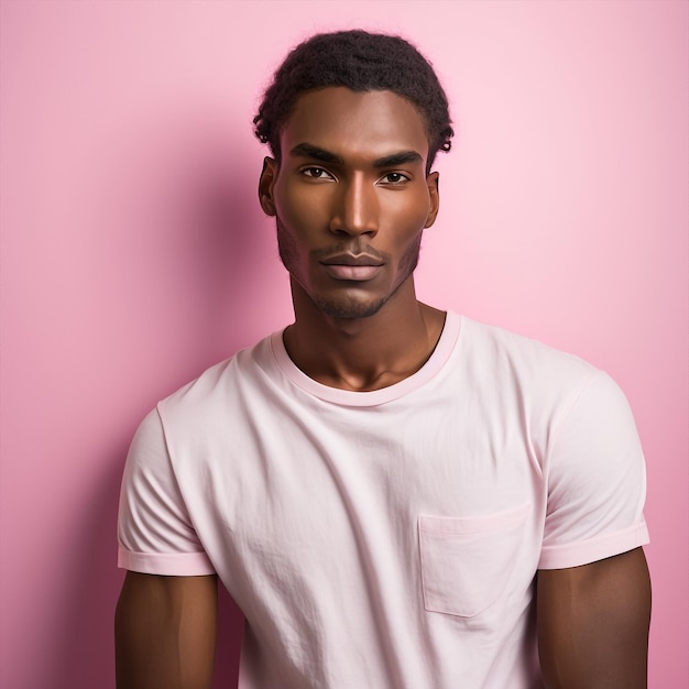 Ai générative jeune homme noir posant fond rose isolé