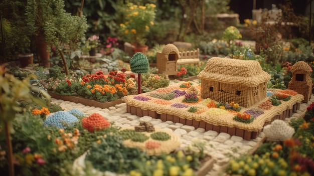 AI générative joli jardin fait de plantes au crochet arbres fleurs couleurs douces paysage de scène de rêve