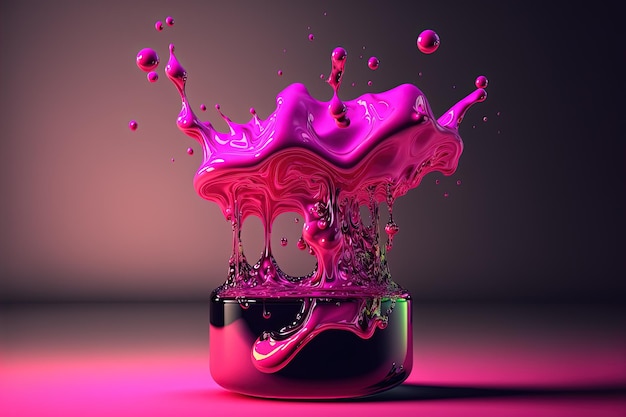 AI générative Liquide qui coule avec des éclaboussures de couleur magenta Effet 3D de bannière fluide rose brillant