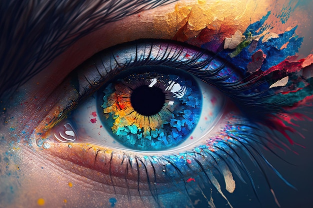 AI générative Macro photographie d'un gros plan d'un œil féminin humain irréel L'iris de l'œil Couleurs arc-en-ciel Illustration verticale