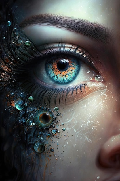 AI générative Macro photographie de l'œil féminin magique d'une fée ou d'un elfe en gros plan L'iris de l'œil Magie fantastique Illustration verticale