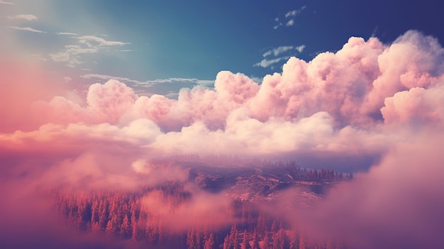 Photo ai générative magenta rose nuages fantastiques ciel et paysage couleurs douces et avec des lumières vives