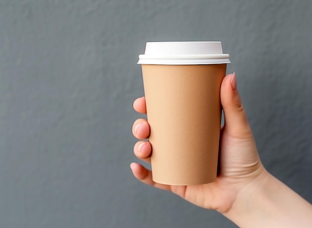 Photo ai générative main avec une tasse de papier artisanal en blanc réutilisable