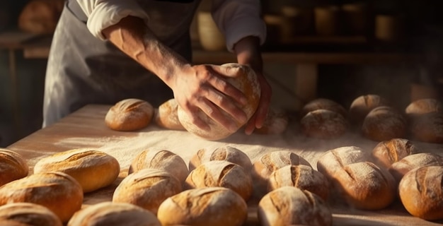 AI générative Les mains du boulanger dans un restaurant ou une cuisine domestique préparent des pâtisseries écologiquement naturellesx9