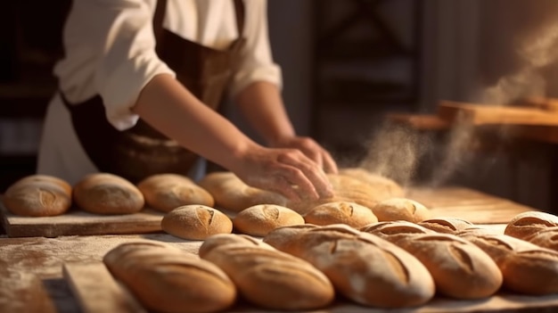 AI générative Les mains du boulanger dans un restaurant ou une cuisine domestique préparent des pâtisseries écologiquement naturellesx9