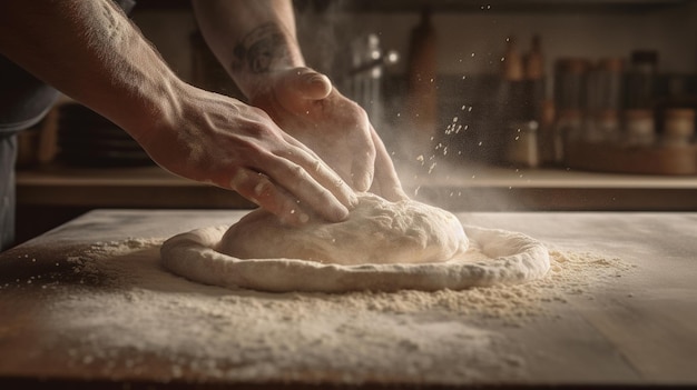 AI générative Les mains du boulanger dans le restaurant ou la cuisine à domicile préparent des pâtisseries écologiquement naturelles