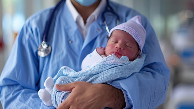 AI générative Médecin pédiatre tenant un nouveau-né à l'hôpital concept d'accouchement et de professionnels de la santé