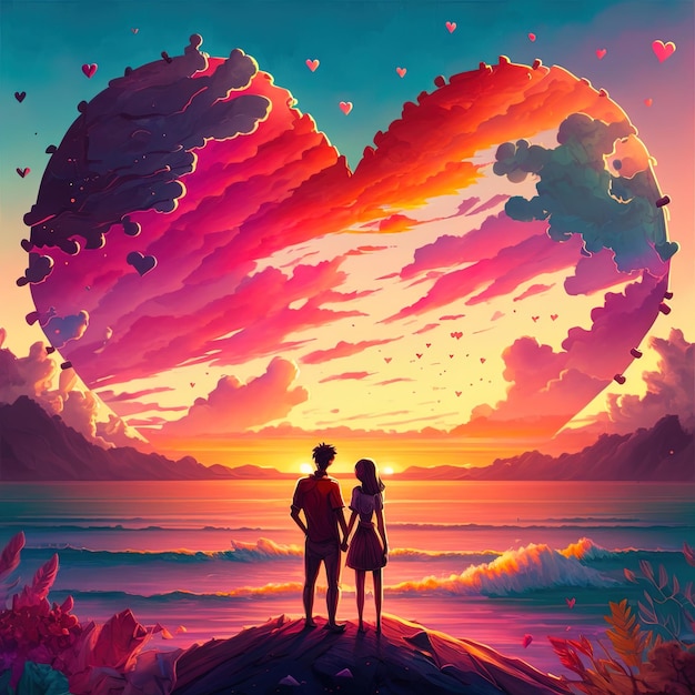 AI générative une œuvre d'art d'un couple debout sur un nuage regardant un beau coucher de soleil sur l'océan Le couple se tenant la main devant le coucher de soleil cinématographique avec un nuage en forme de coeur Valentine