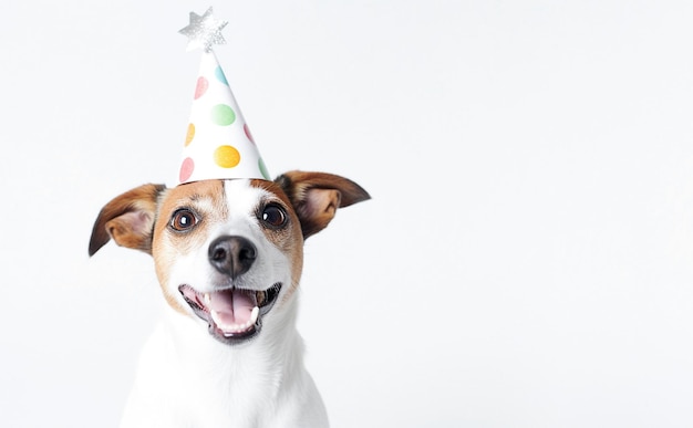 AI générative Puppy Jack russell en chapeau d'anniversaire sur fond blanc