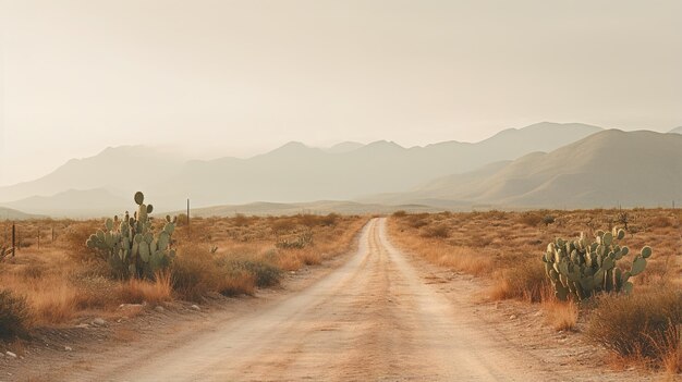 AI générative route solitaire dans le désert esthétique couleurs neutres muettes plantes de cactus