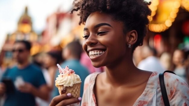 AI générative séduisante jeune femme noire appréciant la crème glacée dans un parc à thème