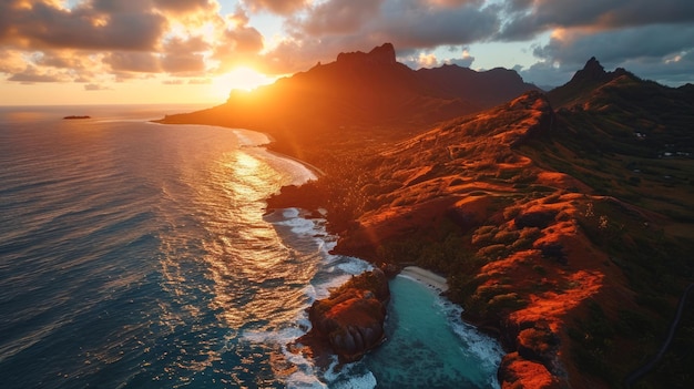 AI générative Silhouette d'île drones vue sur la lumière du soleil s'estompe charme côtier détaillé et vif coucher de soleil en Polynésie française