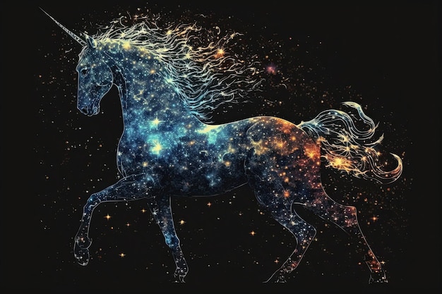 AI générative Une silhouette de licorne dans un concept d'illustration de nuage de nébuleuse de galaxie