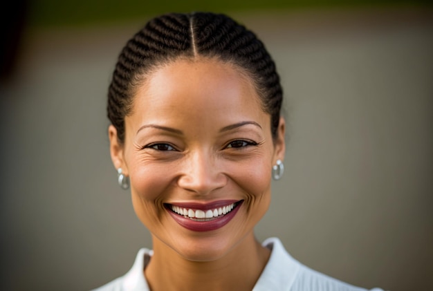 Ai générative souriante métisse cheveux bouclés jeune femme s'amusant sereine et confiante à l'extérieur