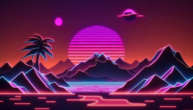 AI générative Style rétro nostalgique des années 80 des années 90 Paysage de nuit coucher de soleil couleurs scifi retrowave