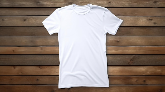 AI générative T-shirt blanc réaliste maquette vierge sur fond de bois pour la publicité de présentation