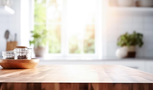 AI générative Table en bois vide devant un fond de cuisine floue