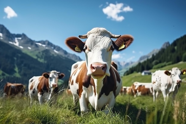 AI générative un troupeau de vaches et une vache au premier plan sur un pré de montagne
