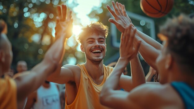 AI générative vainqueur de basket-ball et main équipe haut cinq pour le jeu en plein air la diversité de succès un