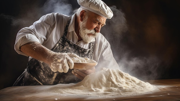 AI générative Vieil homme mains de boulanger dans un restaurant ou une cuisine à domicile se prépare de manière écologique