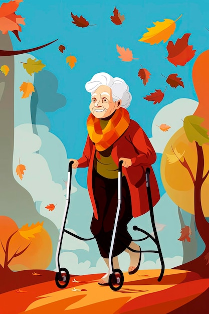 Ai générative d'une vieille femme marchant aidée par un marcheur dans un style d'illustration vectorielle Personnes âgées