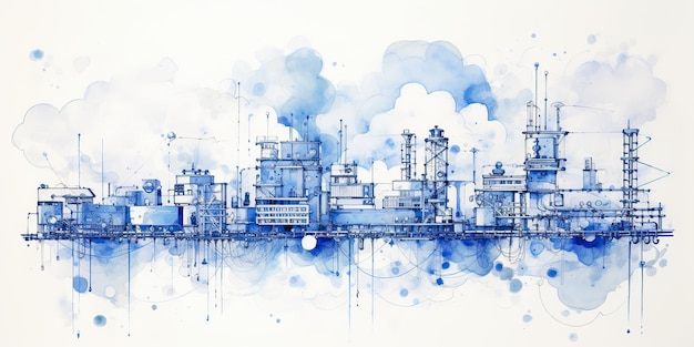 AI généré AI génératif Abstrait géométrique usine pipeline industrie dessinant arrière-plan dans les nuages bleus Art graphique