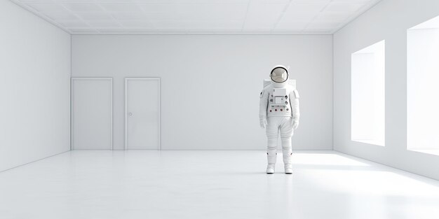 AI généré AI génératif Astronaute dans une pièce blanche vide Aventures spatiales minimales vue de combinaison