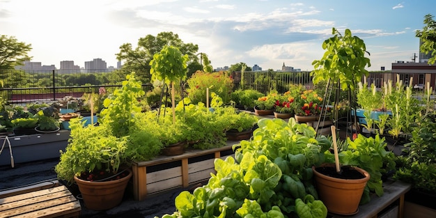 AI généré AI génératif Bâtiment urbain sur le toit de la ville légumes de jardin biologiques à base d'herbes