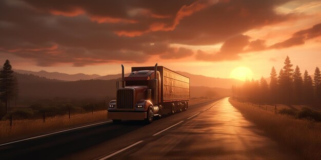 AI généré AI génératif camion auto mobile au parking de l'autoroute avec coucher de soleil paysage de fond Art graphique