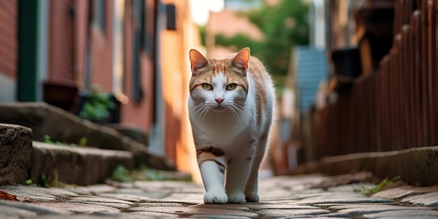 AI généré AI génératif Un chat solitaire animal de compagnie marchant dans la rue ville arrière-plan urbain