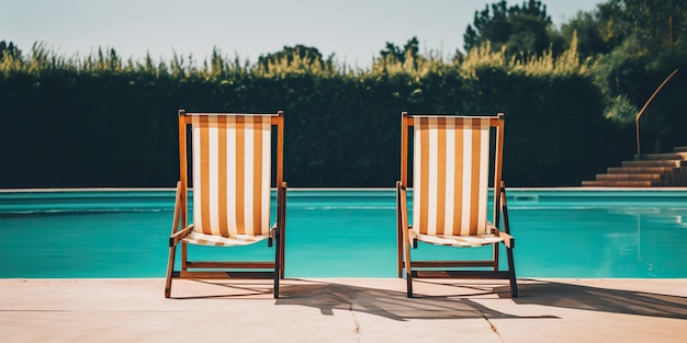 AI généré AI génératif Deux chaises en bois à la piscine Vacances détente à l'hôtel Art graphique Illustration
